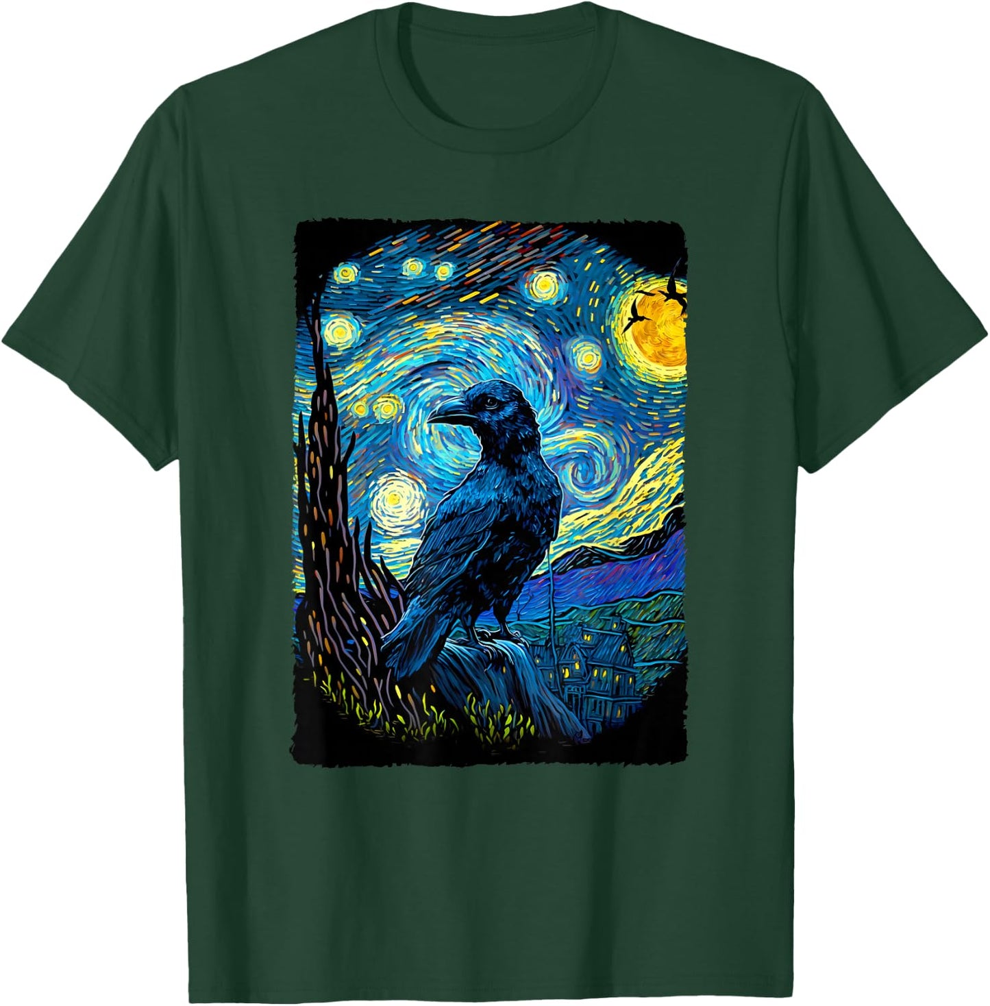 Raven Starry Night Style Painting, Van Gogh Crow Lover T-Shirt - T-Shirt | Forest