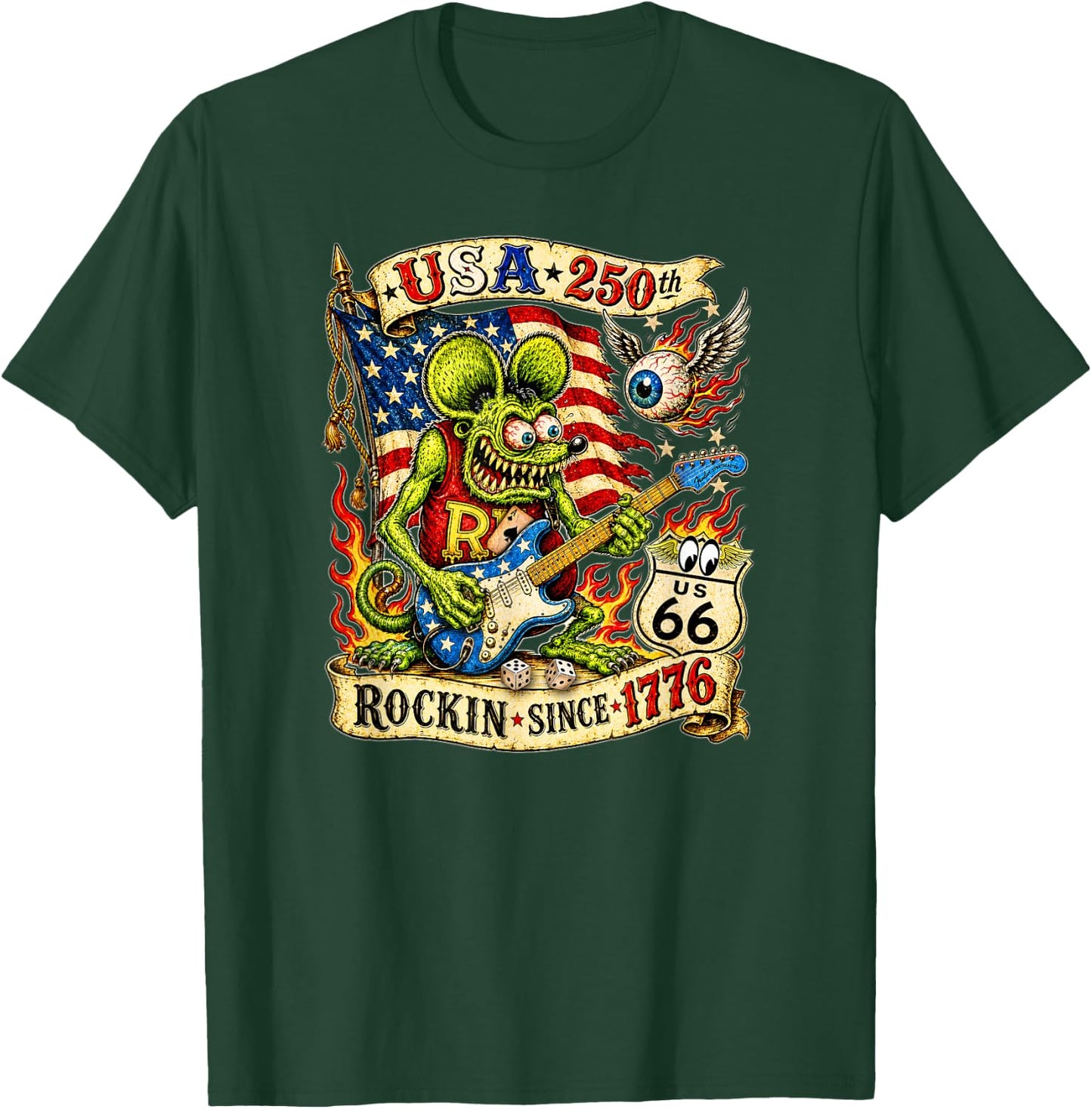 USA 250th Rat Fink US Highway 66 Guitar Flag Dice Ace Retro T-Shirt - T-Shirt | Forest