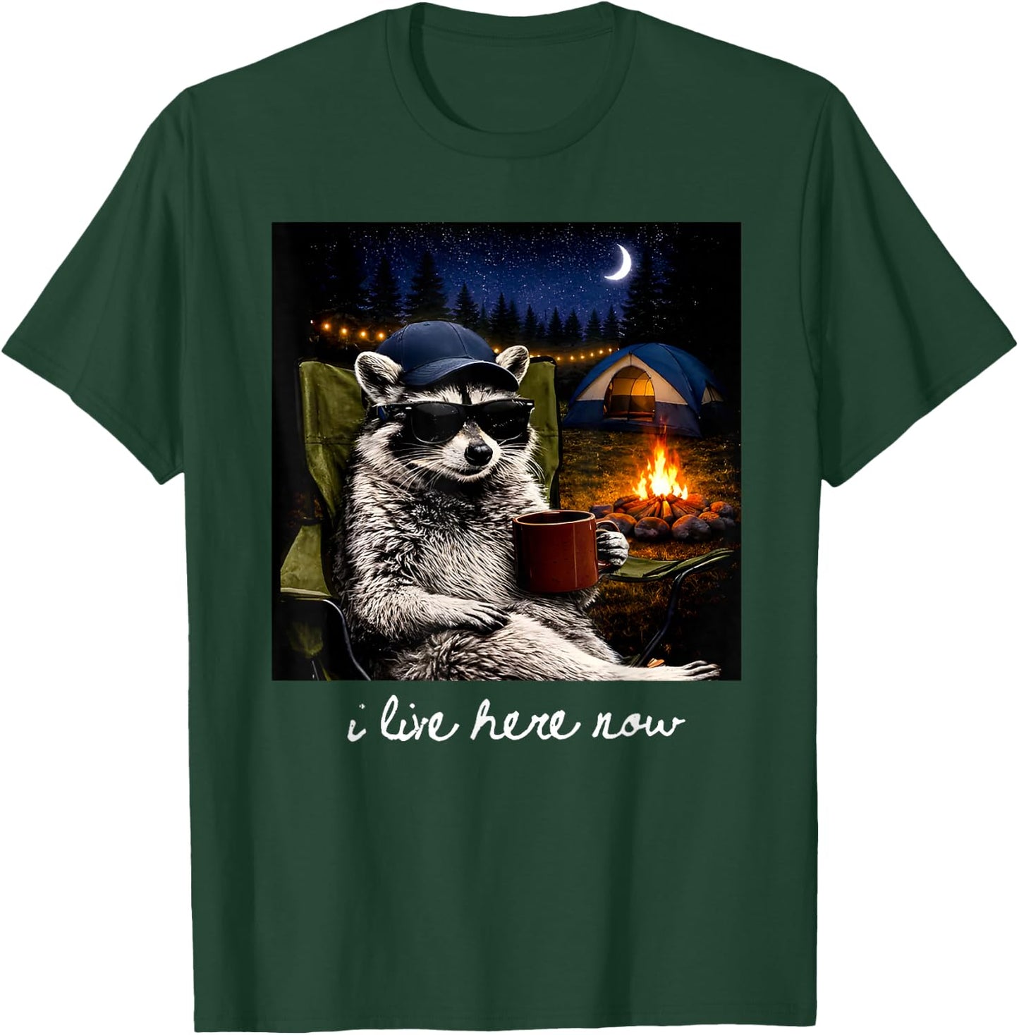 Camping Raccoon Funny Camping Crew Campfire I Live Here Now T-Shirt - T-Shirt | Forest