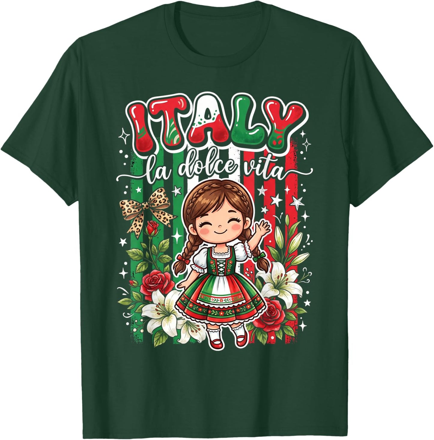 Cute Italy Girl Traditional Dress with Flowers for Kids Girl T-Shirt - T-Shirt | Forest