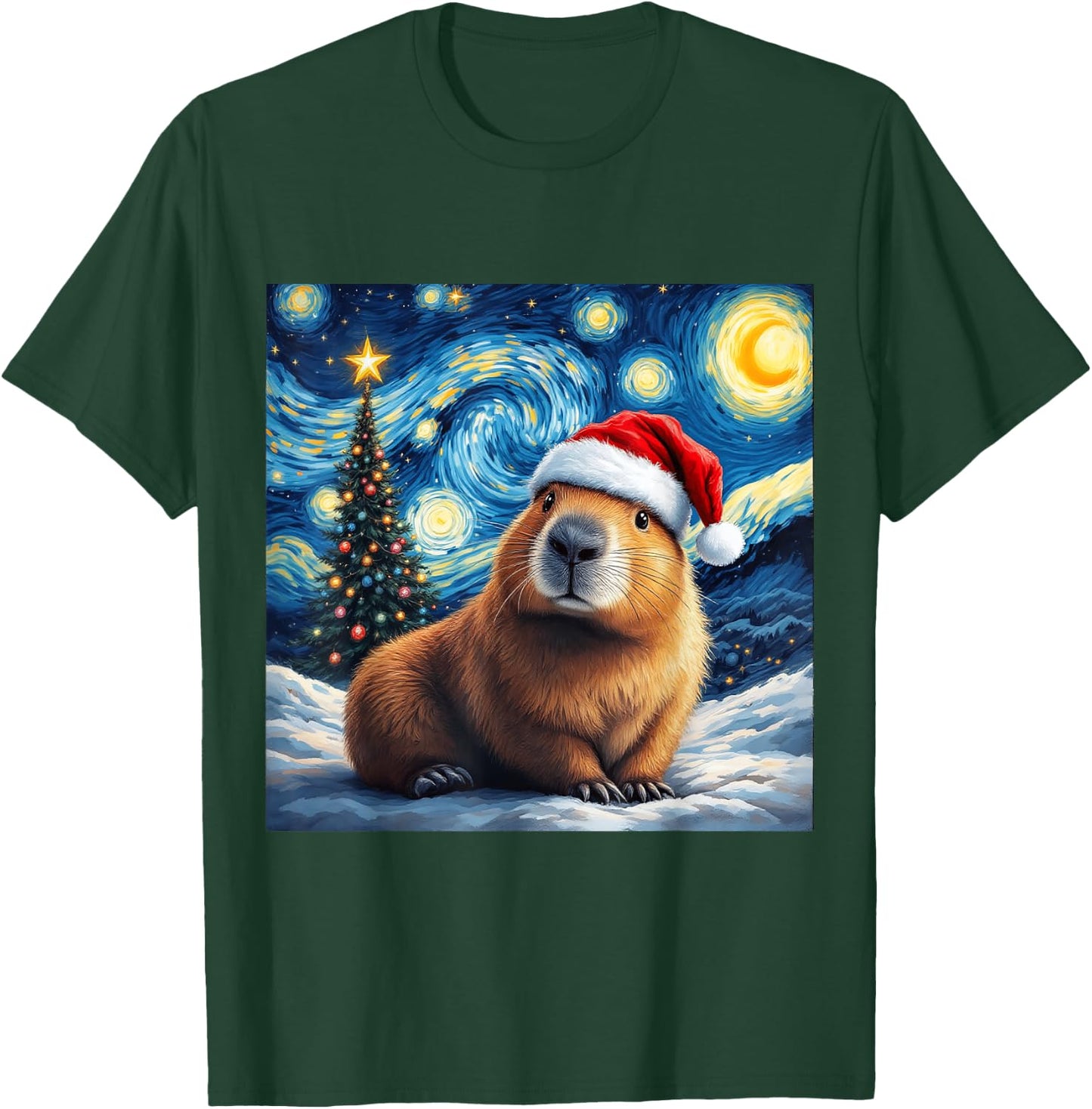 Christmas Capybara Santa Hat Van Gogh Starry Night Holiday T-Shirt - T-Shirt | Forest