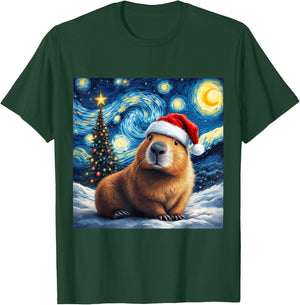 Christmas Capybara Santa Hat Van Gogh Starry Night Holiday T-Shirt - T-Shirt | Forest