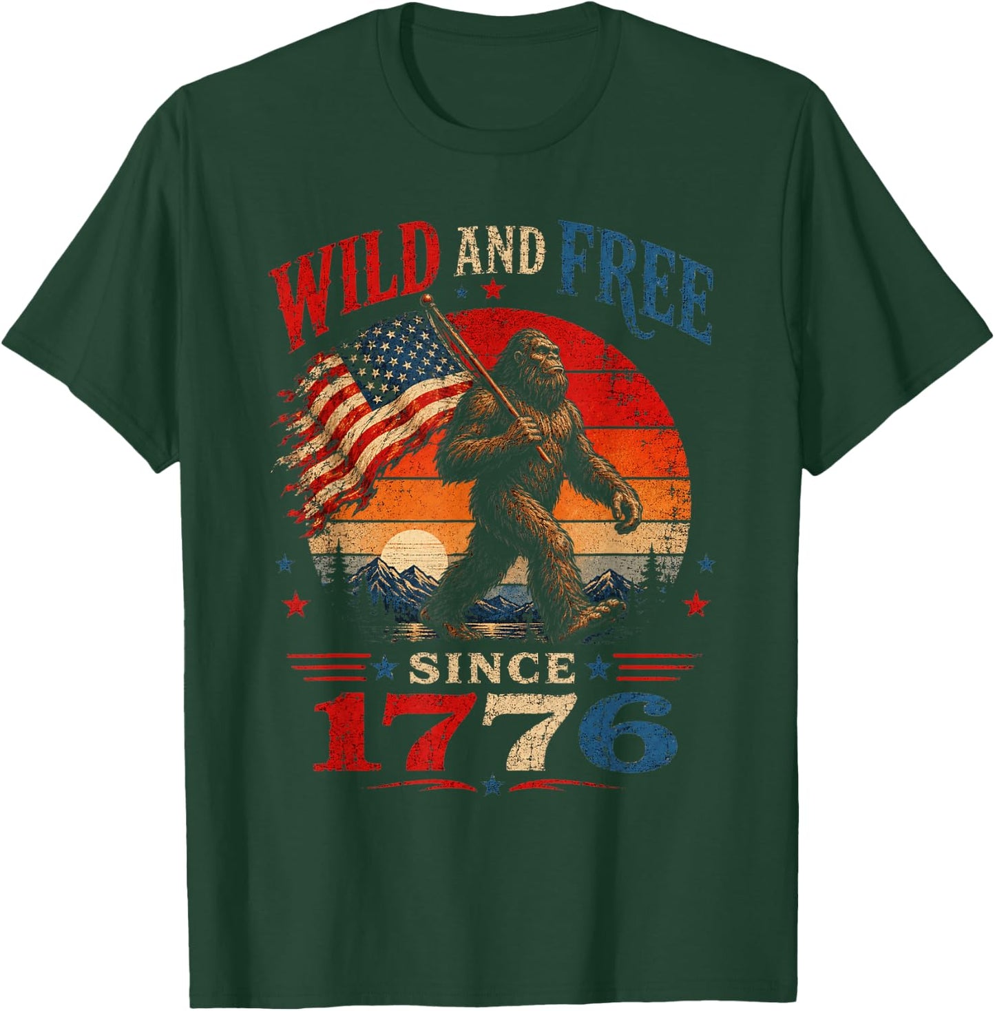 Patriotic Bigfoot Wild and Free Since 1776 American Flag T-Shirt - T-Shirt | Forest