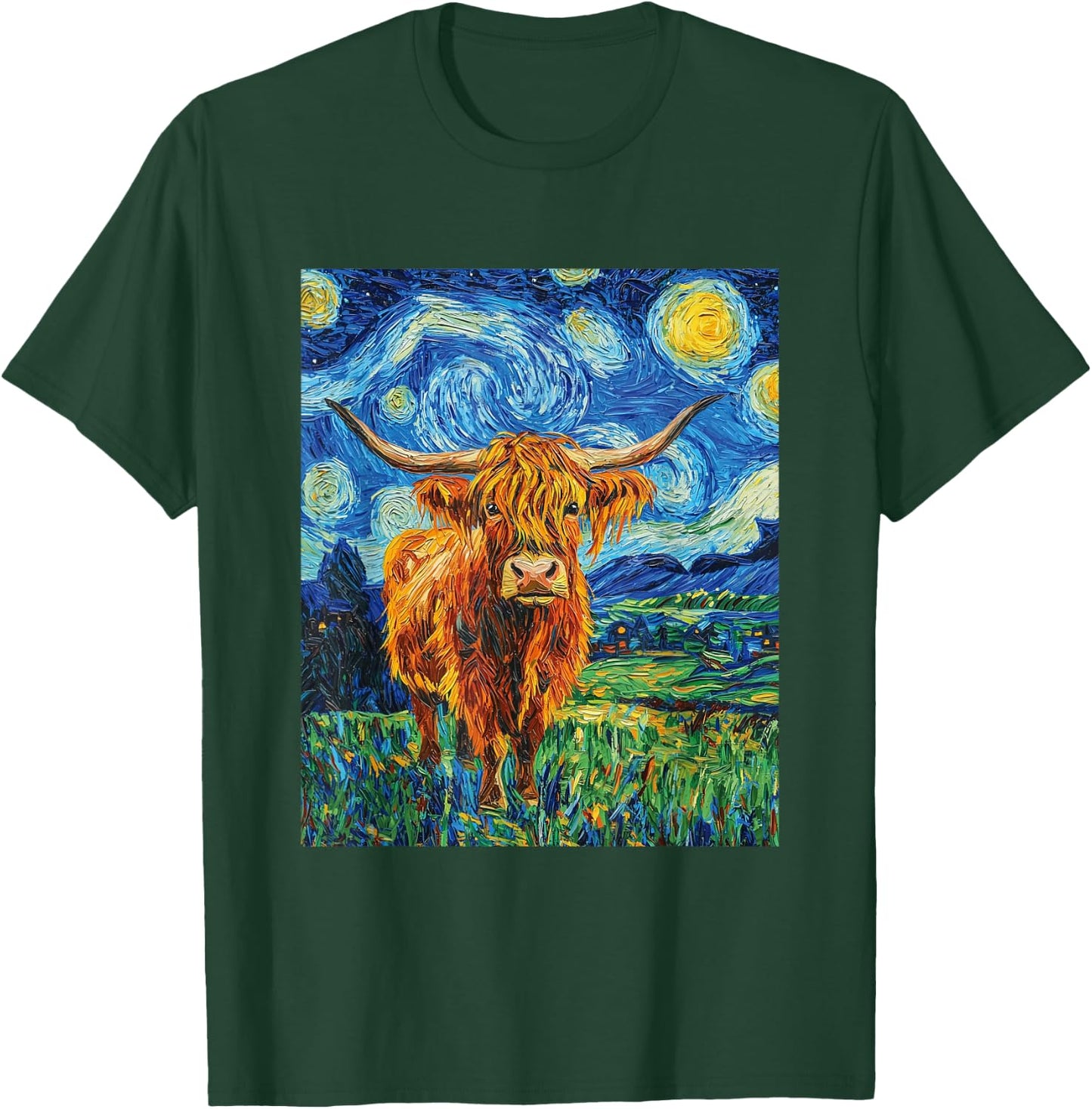 Funny Highland Cow Graphic Van Gogh Style Starry Night T-Shirt - T-Shirt | Forest