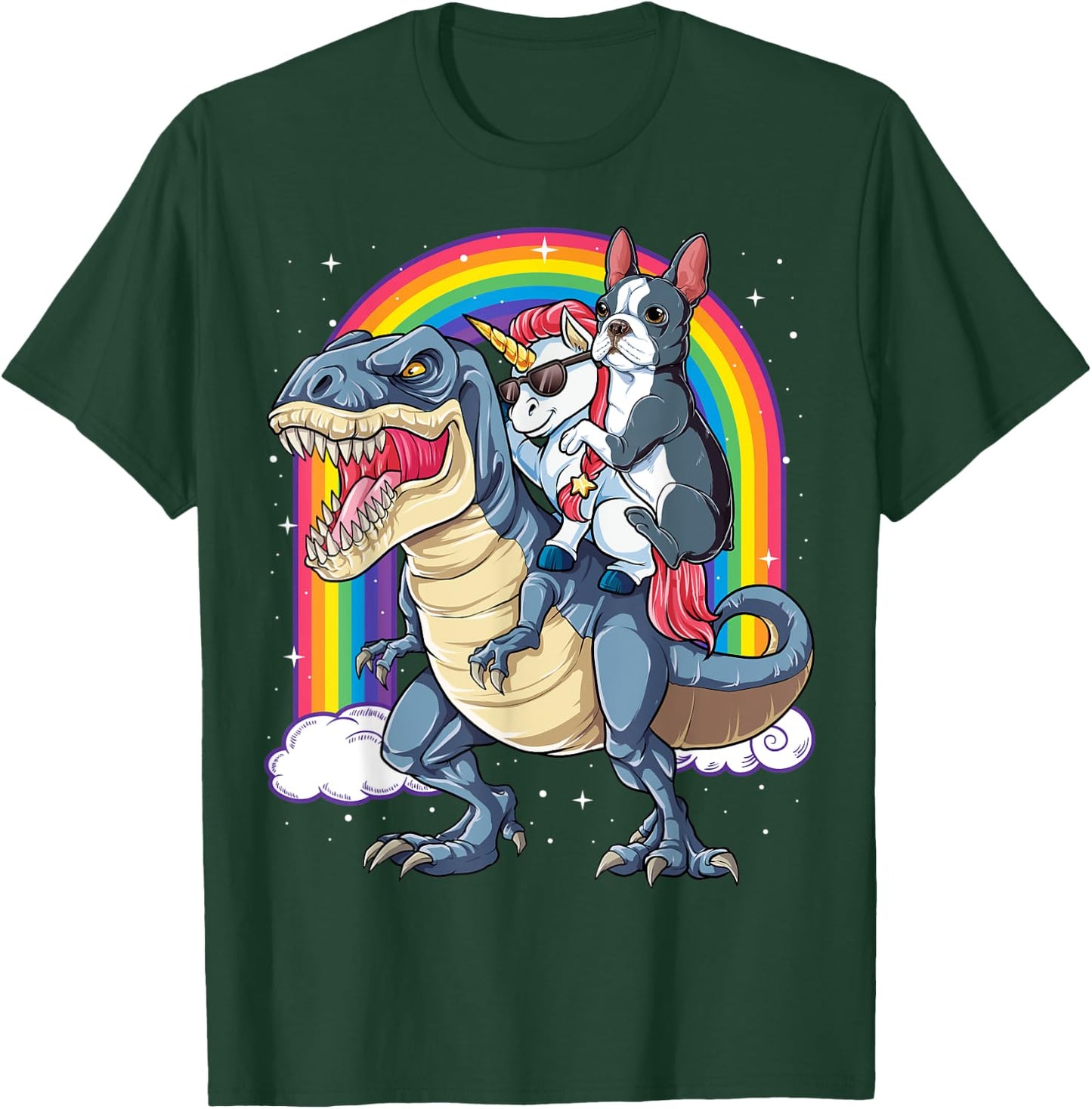 Boston Terrier Unicorn Riding Dinosaur T-rex Gift Boys Girls T-Shirt - T-Shirt | Forest
