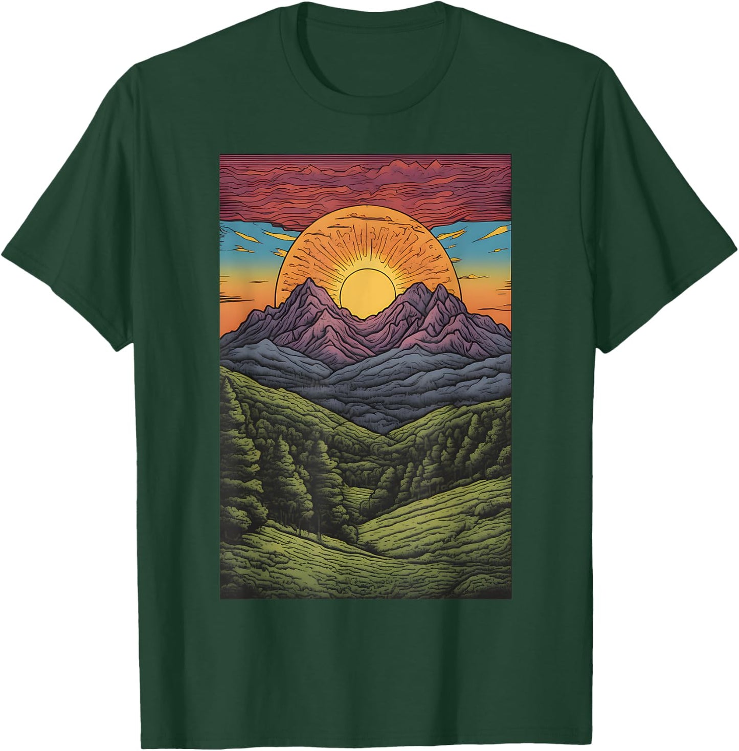 Psychedelic Sunset and Mountains - Outdoors Hiking Graphic T-Shirt - T-Shirt | Forest