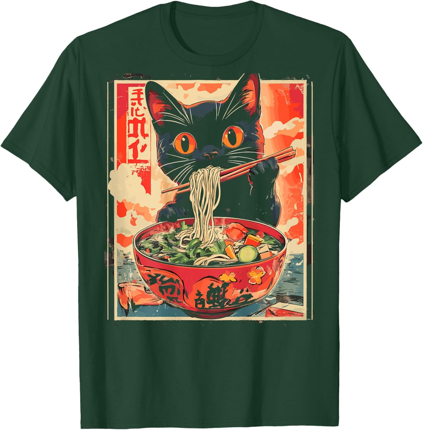 Cat Ramen Noodle Japanese Backprint , black T-Shirt - T-Shirt | Forest