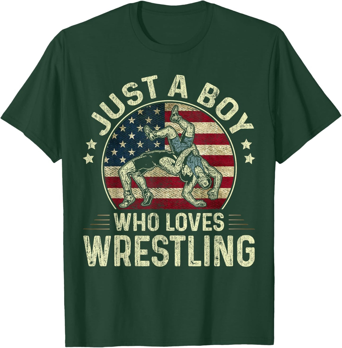 Just A Boy Who Loves Wrestling US Flag Patriotic Wrestler T-Shirt - T-Shirt | Forest