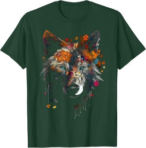 Wolf Herbst Blätter - Blaue Augen - Tier Kunst Motiv Wolf T-Shirt - T-Shirt | Forest