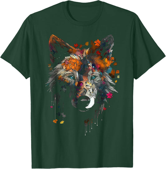 Wolf Herbst Blätter - Blaue Augen - Tier Kunst Motiv Wolf T-Shirt - T-Shirt | Forest