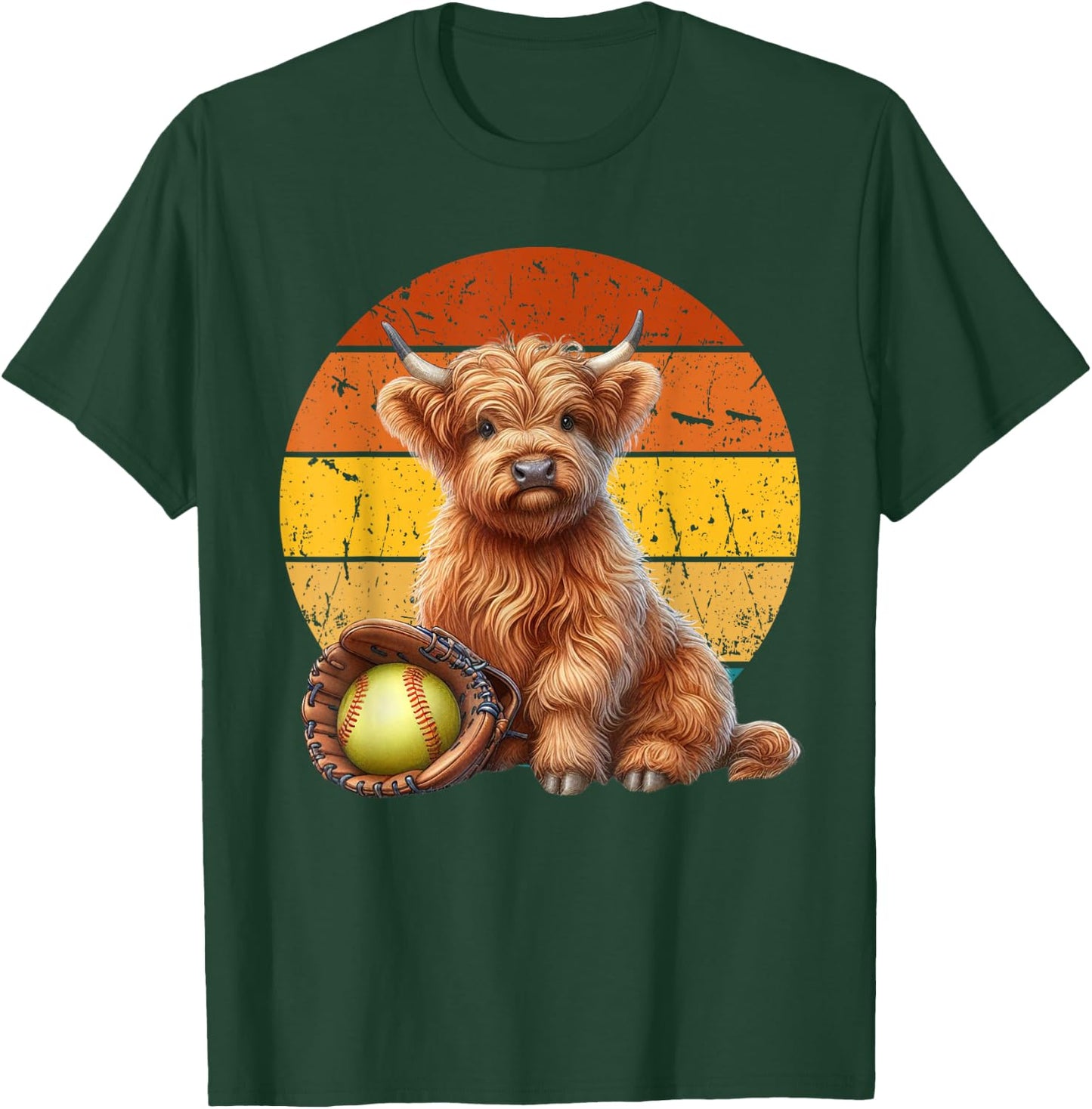 Cute Highland Cow Softball , Retro Sunset Softball T-Shirt - T-Shirt | Forest