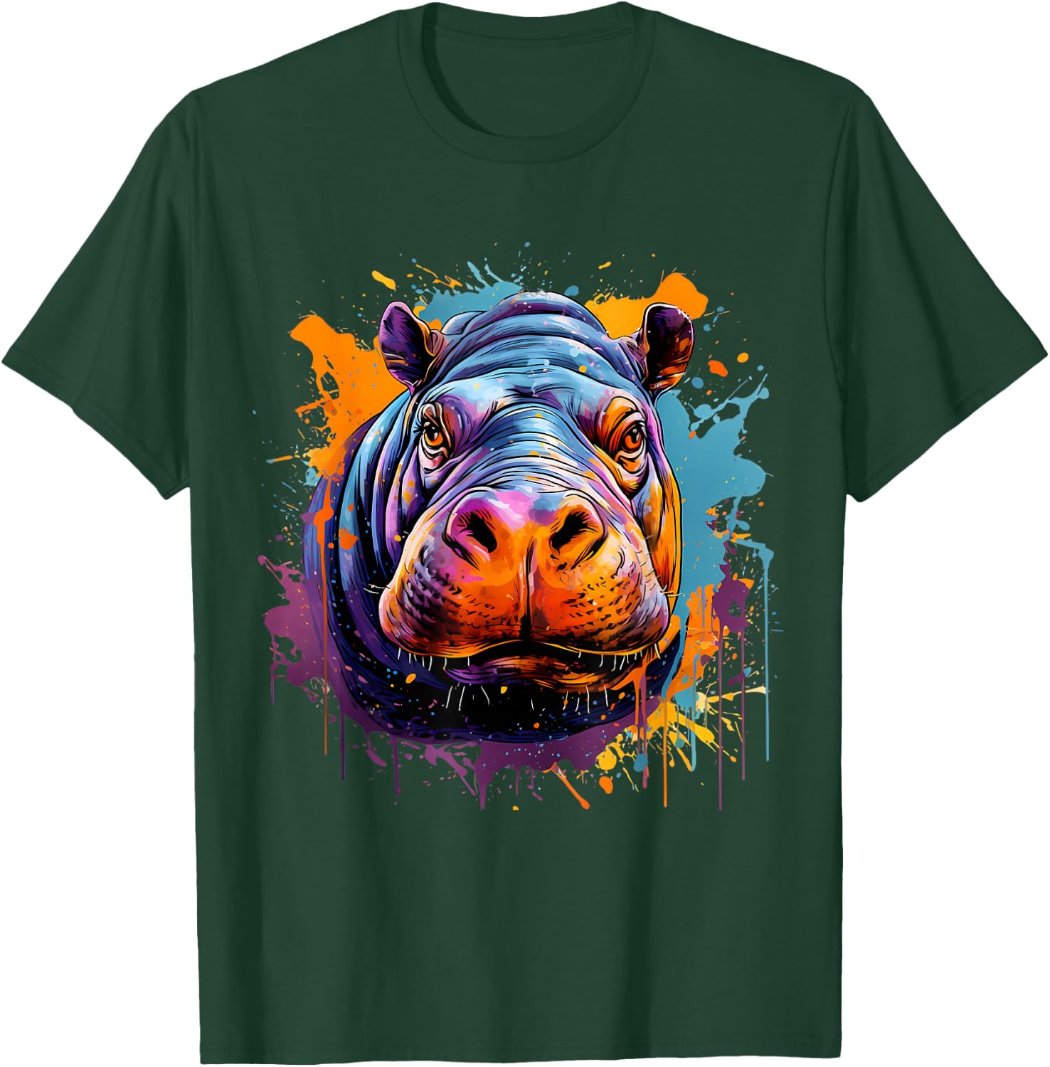 Hippo Hippopotamus Nature Portrait Colourful Splash Artwork T-Shirt - T-Shirt | Forest