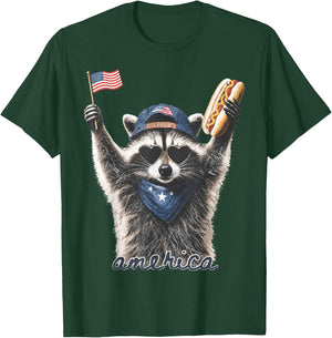 Feral Raccoon America 250th Patriotic USA Flag Men Women T-Shirt - T-Shirt | Forest
