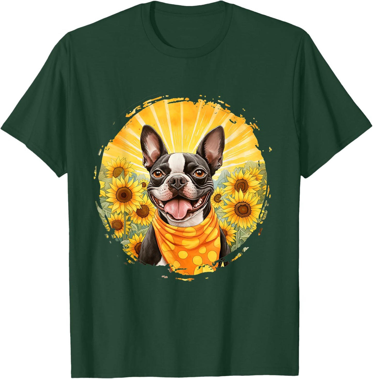 Boston Terrier Dog Vintage Bandana Headband Sunflower Field Men Women T-Shirt - T-Shirt | Forest