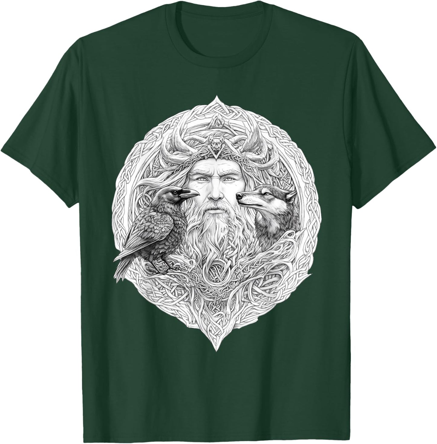 Odin Celtic Viking with Wolf and Odins Raven Valhalla Pagan T-Shirt - T-Shirt | Forest