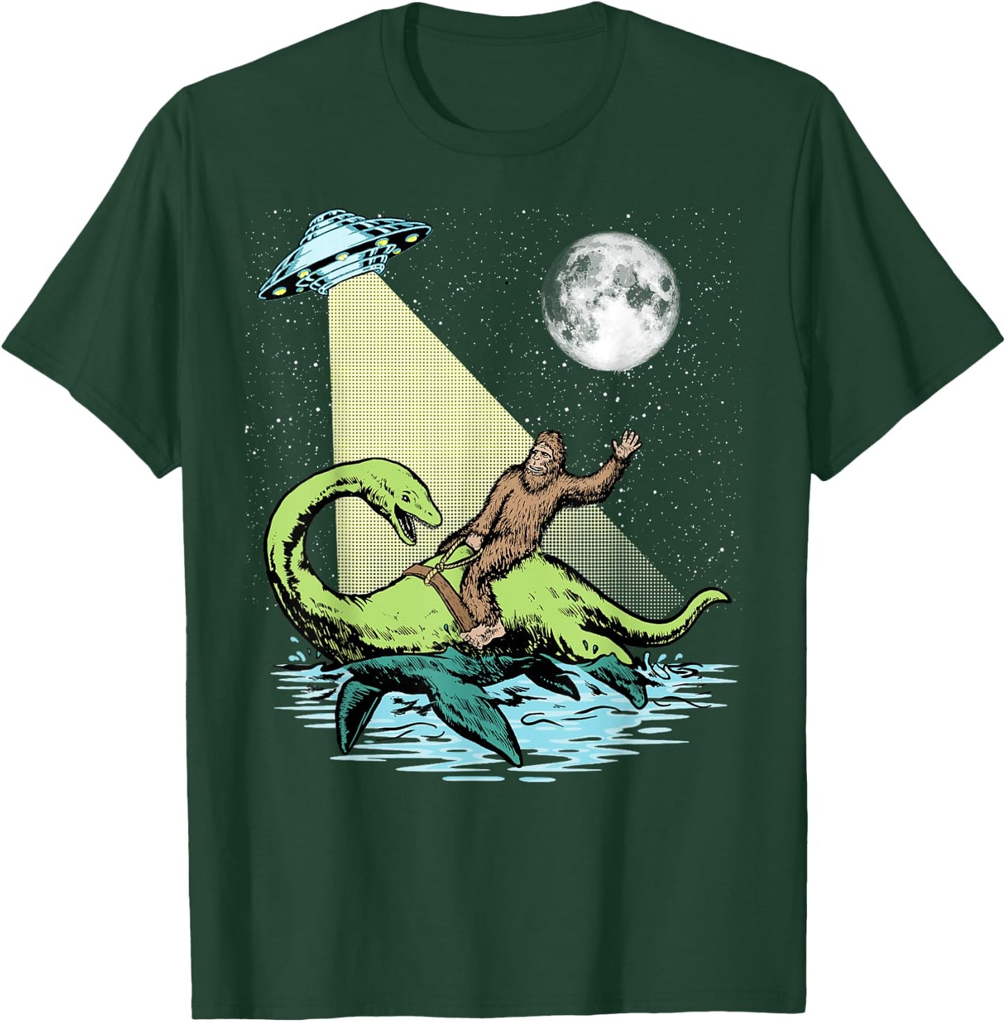 Bigfoot Riding Nessie & UFO Aliens At Night Funny Retro T-Shirt - T-Shirt | Forest