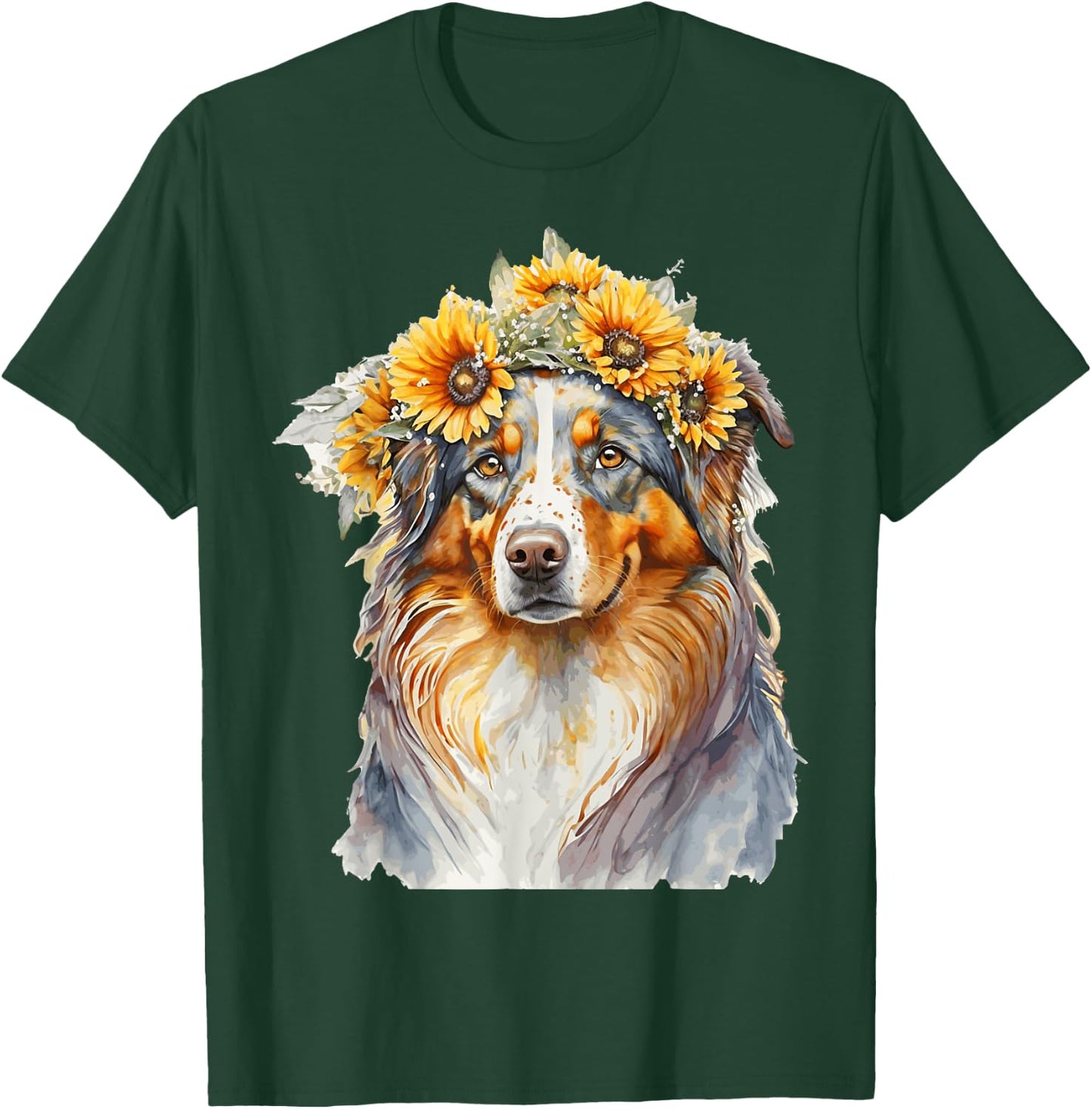 Watercolor Aussie Australian Shepherd Sunflower Dog Pet T-Shirt - T-Shirt | Forest