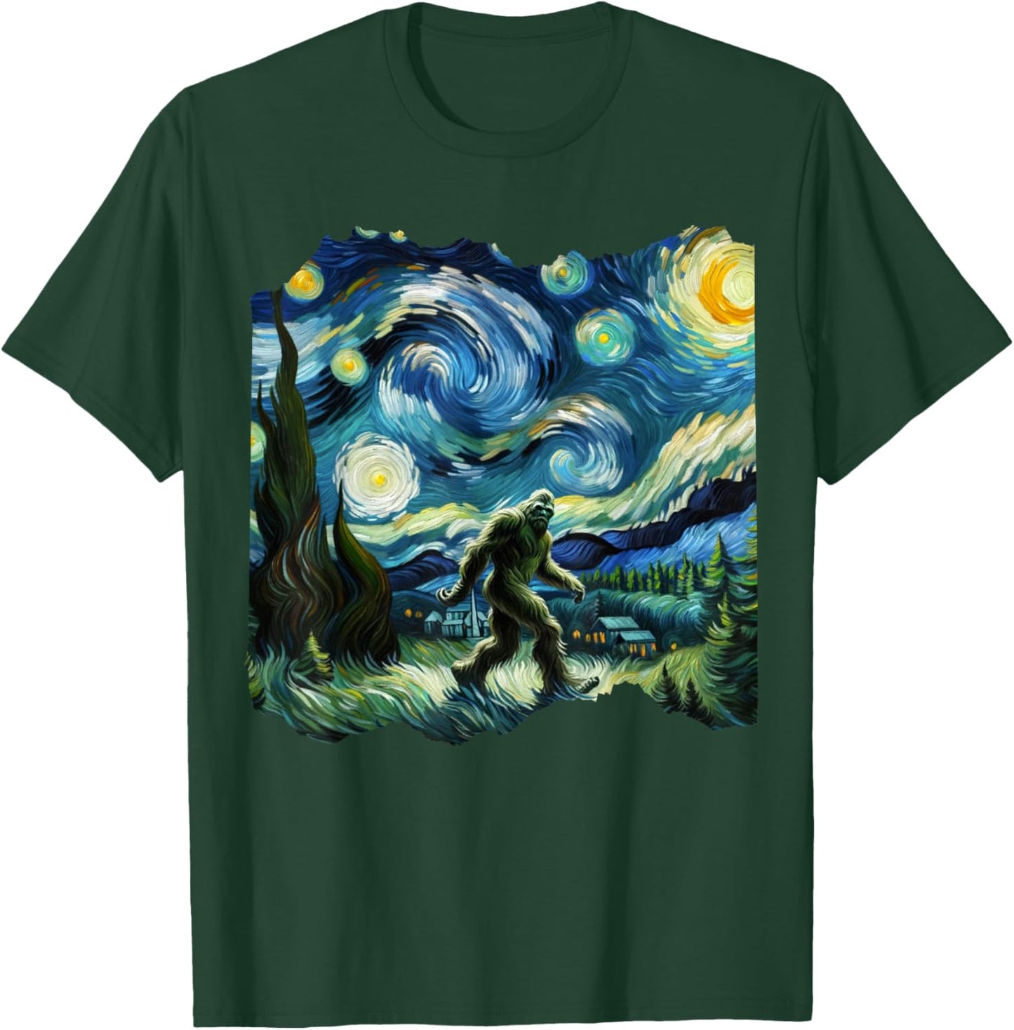 Bigfoot Sasquatch Van Gogh Art Painting Star Sky Night T-Shirt - T-Shirt | Forest