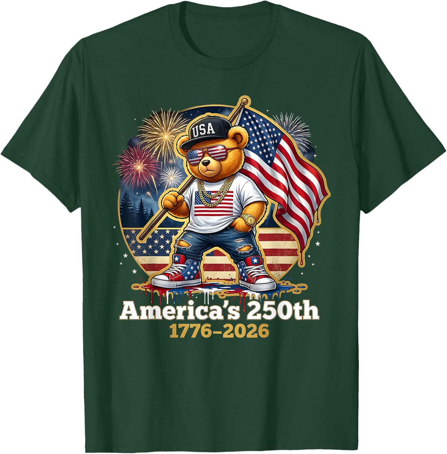 Patriotic Teddy Bear America's 250th Anniversary 1776 2026 T-Shirt - T-Shirt | Forest