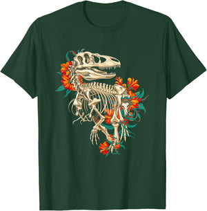 Rex Skeleton Dinosaur Floral Bones Paleontology Art T-Shirt - T-Shirt | Forest