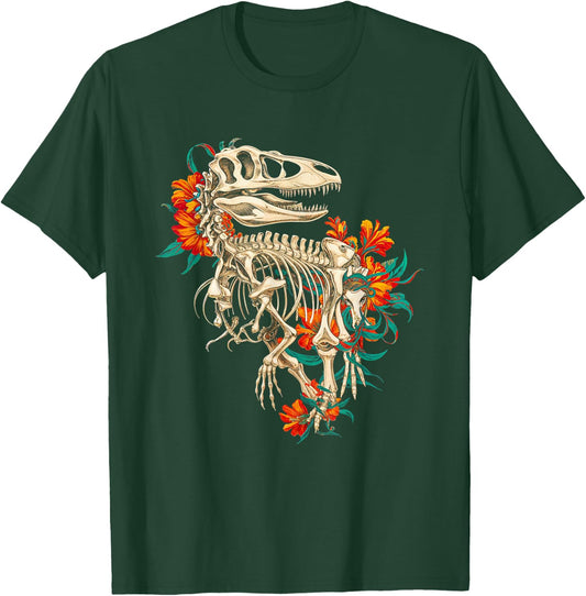 Rex Skeleton Dinosaur Floral Bones Paleontology Art T-Shirt - T-Shirt | Forest