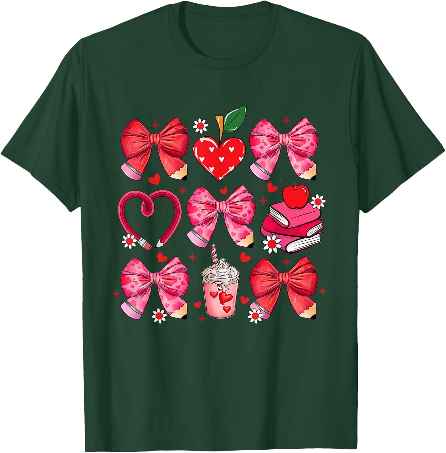 Bow Pencil Heart Apple Teacher Student Cute Back to School T-Shirt - T-Shirt | Forest