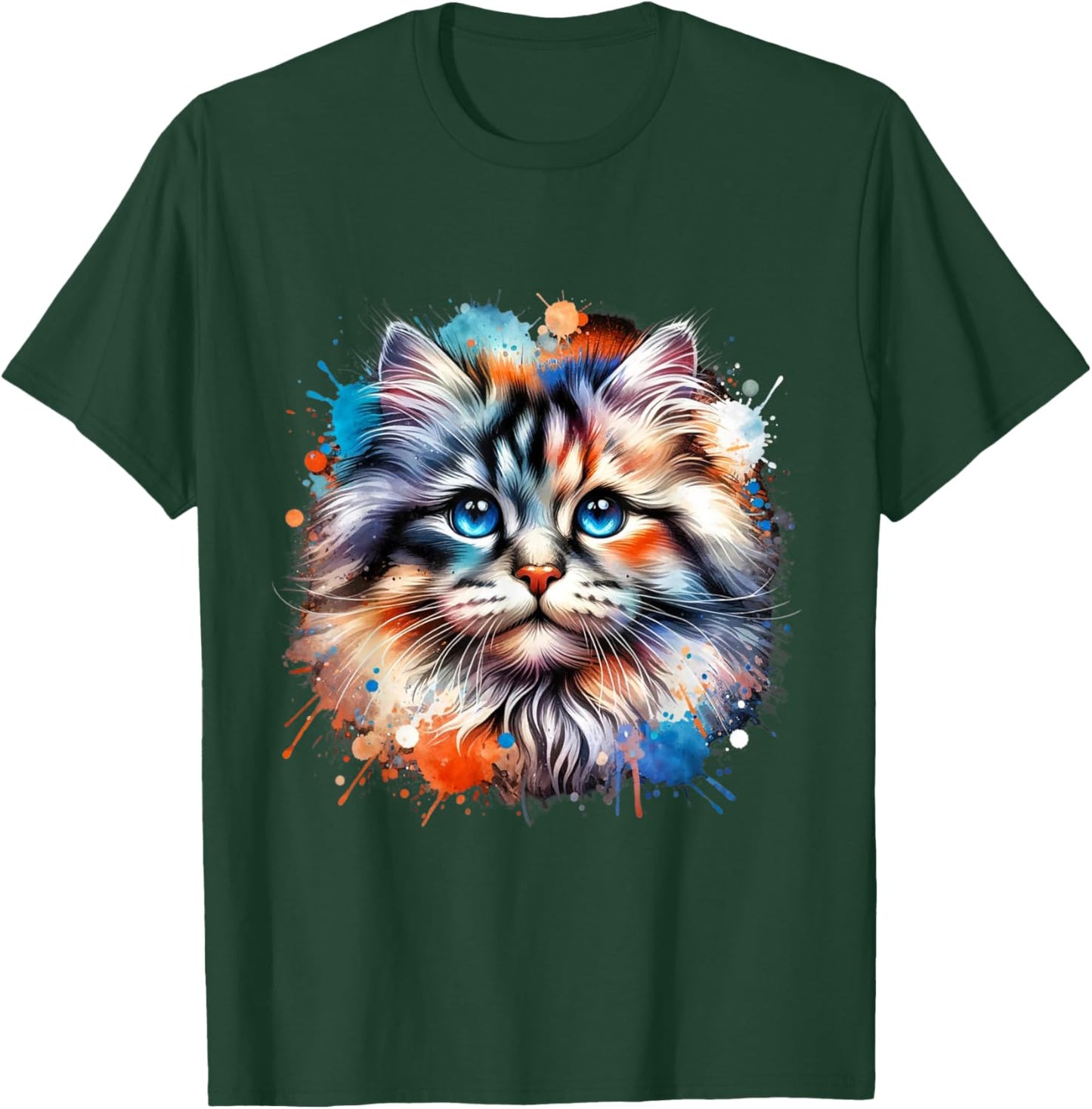 Watercolor Cat Art | Colorful Cat Design Cat Portrait T-Shirt - T-Shirt | Forest
