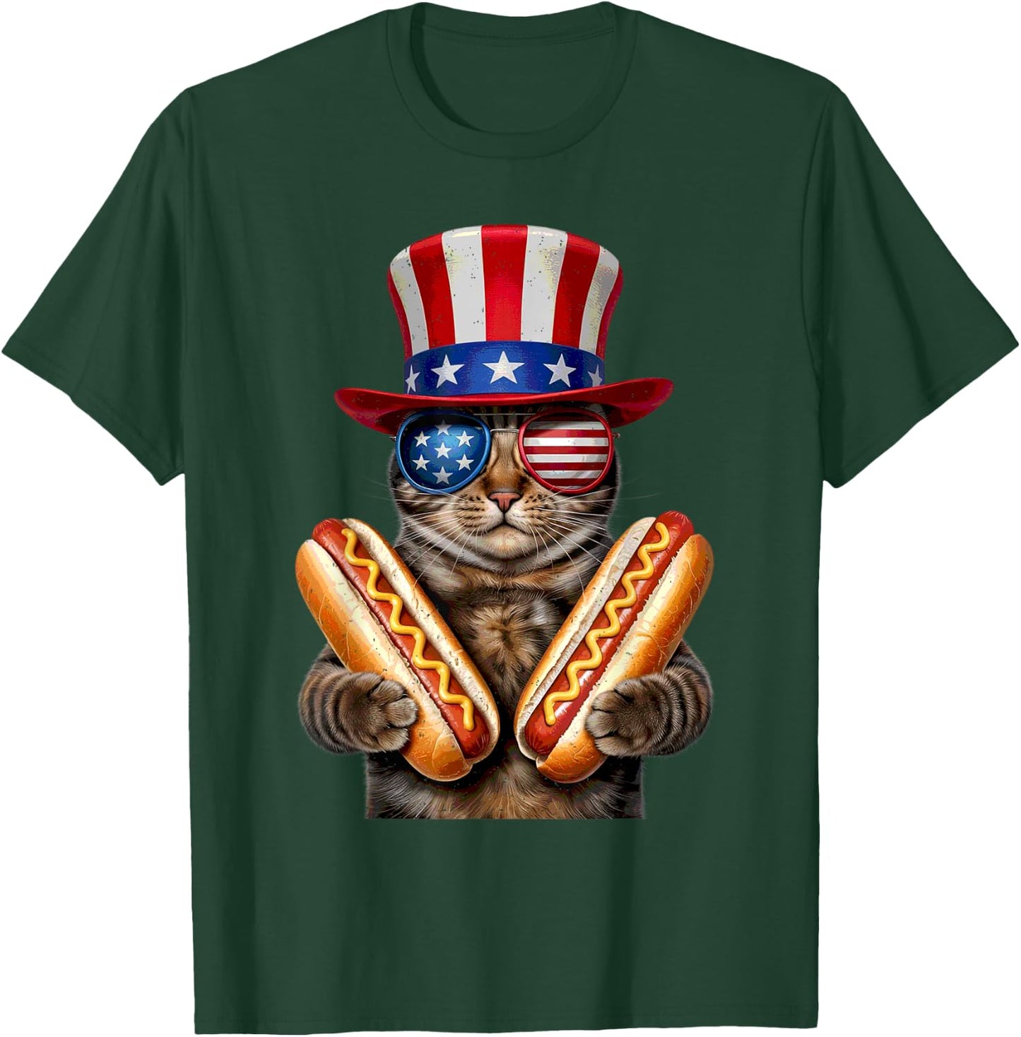 Cat Eating Hotdog 4th Of July American Flag Kitten Lover T-Shirt - T-Shirt | Forest