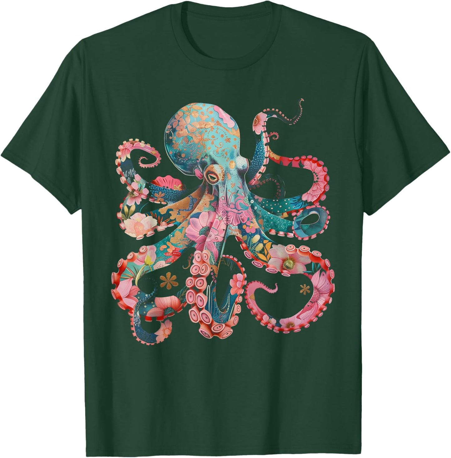 Octopus Floral Vintage Flowers Squid Kraken Scuba Diving T-Shirt - T-Shirt | Forest