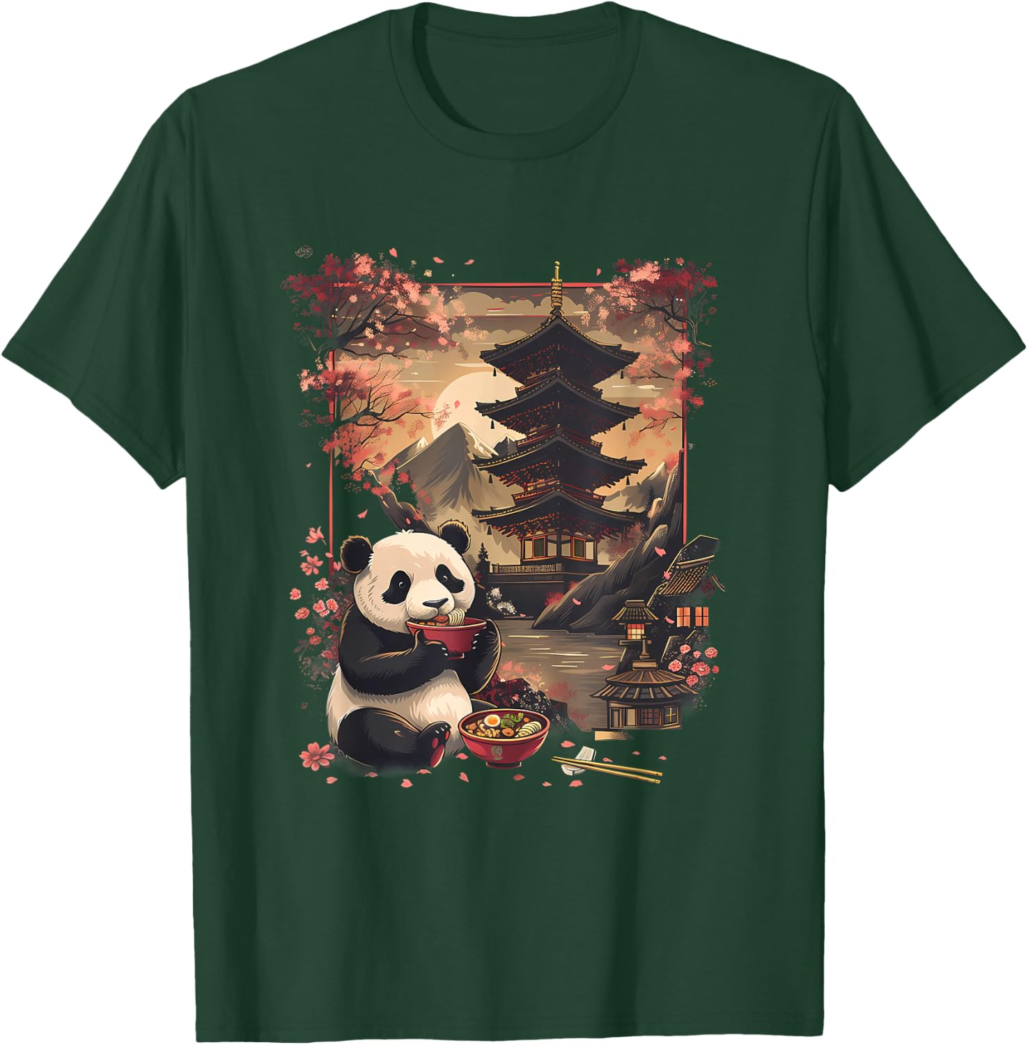 Panda Ramen Mount Fuji Pagoda Tower Sakura Panda Noodle Bowl T-Shirt - T-Shirt | Forest