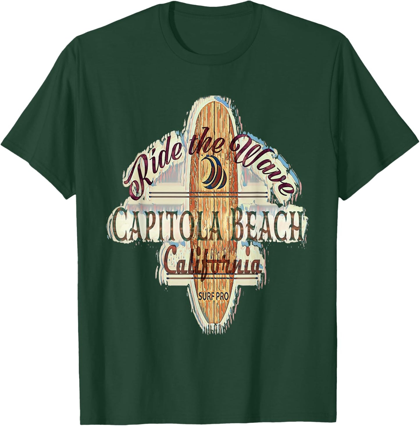 Surfing, Surfboard, Distressed Longboard Capitola Beach T-Shirt - T-Shirt | Forest