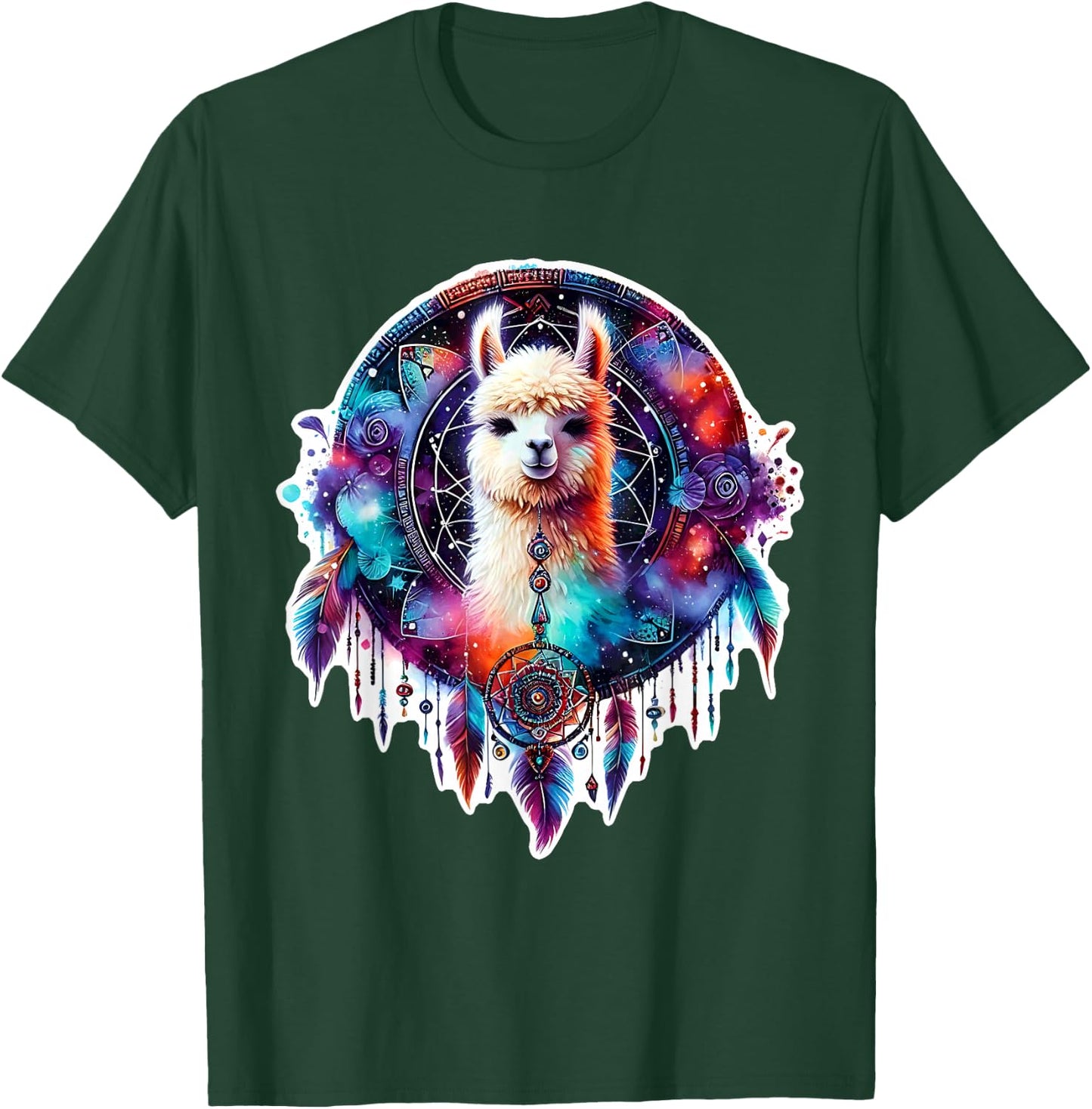 Llama Alpaca Dreamcatcher Floral Spiritual Boho Tribal T-Shirt - T-Shirt | Forest