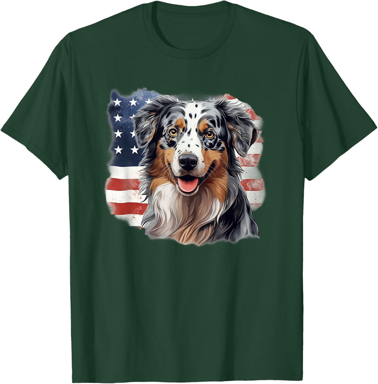USA Flag 4th July Patriotic American Blue Merle Aussie Lover T-Shirt - T-Shirt | Forest