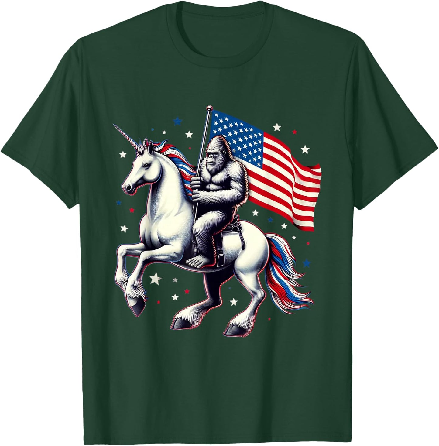 Bigfoot Sasquatch Riding Unicorn 4th Of July American Flag T-Shirt - T-Shirt | Forest