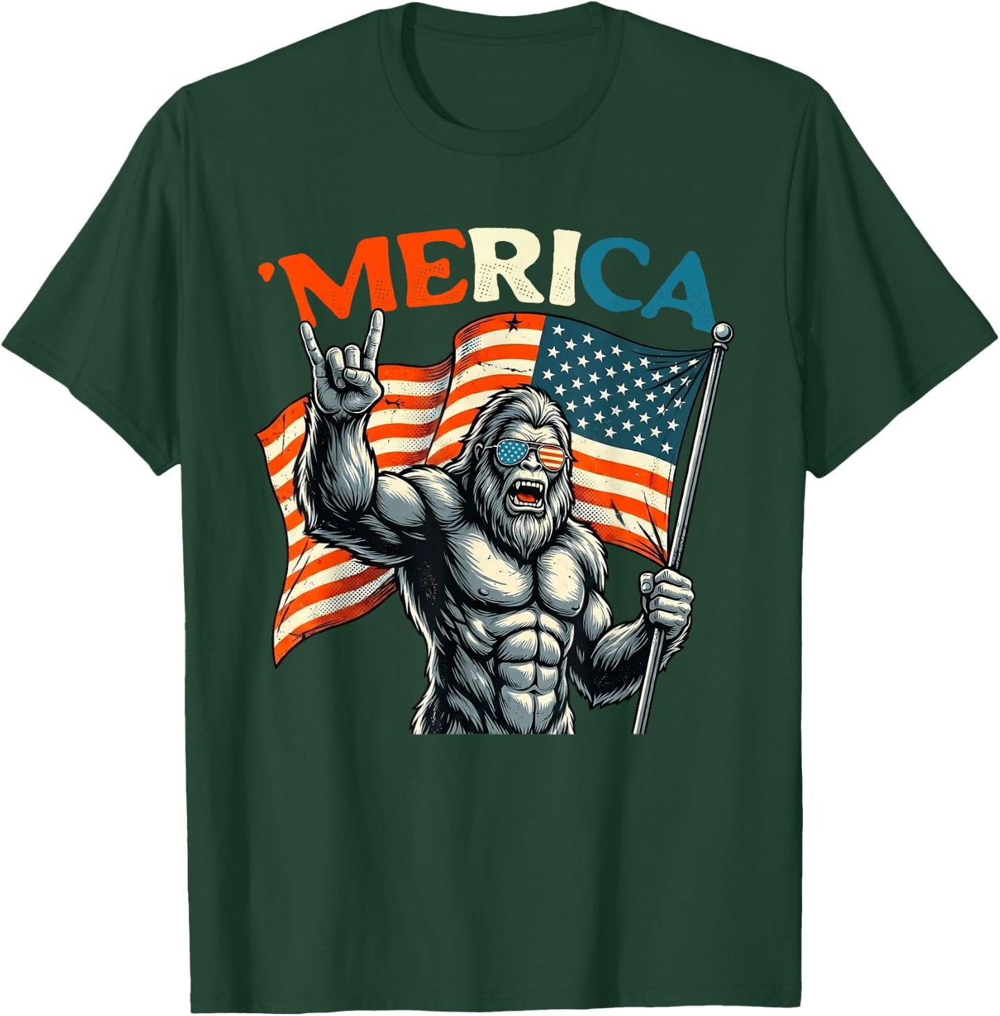 4th of July Bigfoot Sasquatch Merica Rock American Patriotic T-Shirt - T-Shirt | Forest