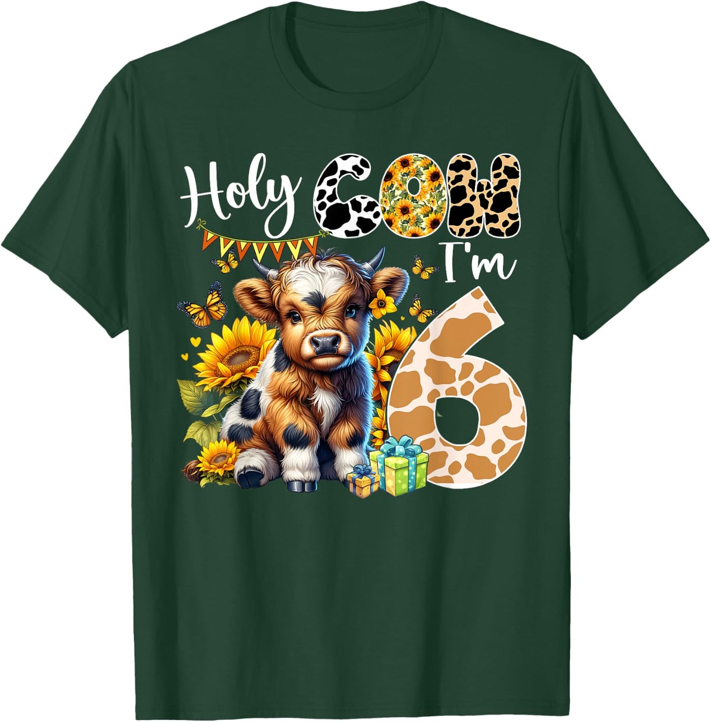 Holy Cow I’m 6 Years Old Dairy Cow Sunflowers 6th Birthday T-Shirt - T-Shirt | Forest