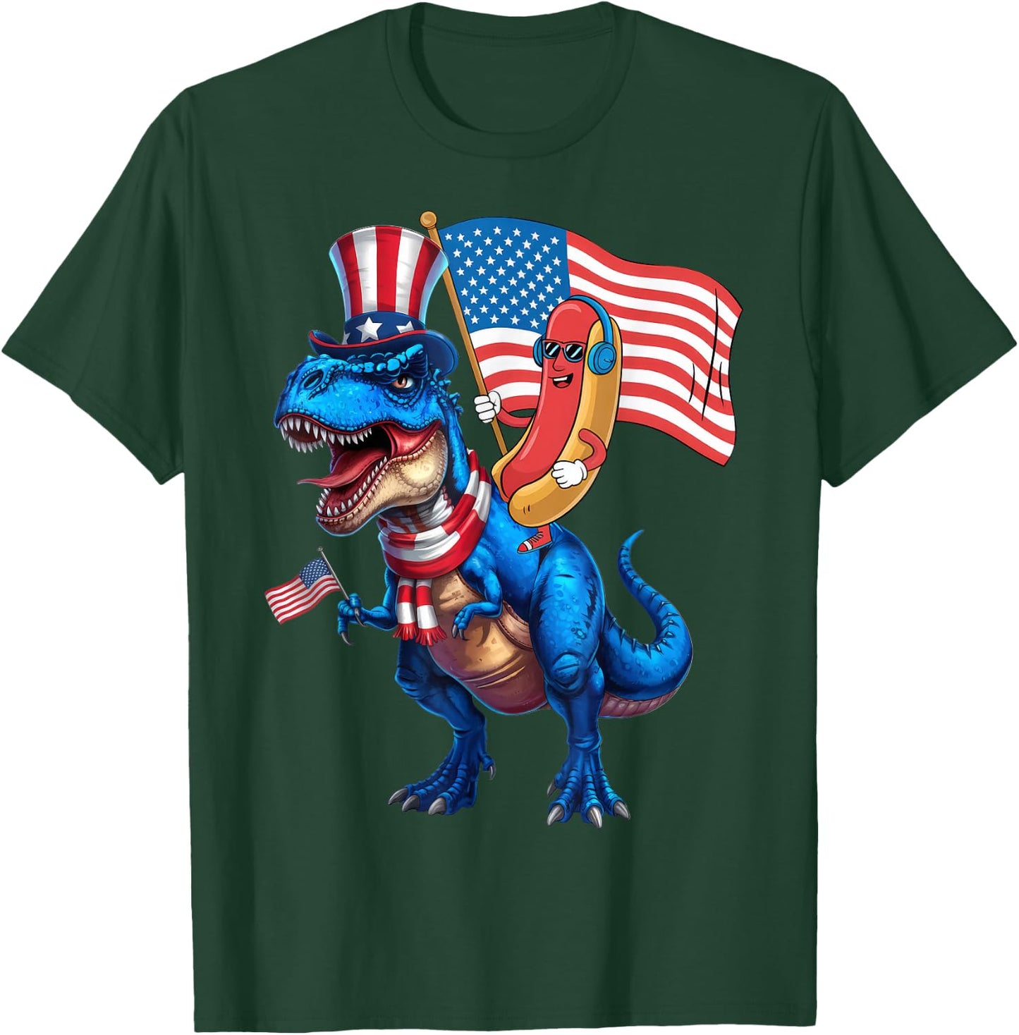 Hotdog Riding Dinosaur TRex 4th of July USA Flag T-Shirt - T-Shirt | Forest