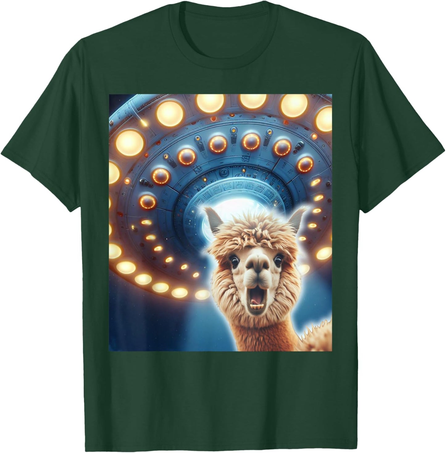 Funny Alpaca Selfie UFOs Alien Flying Saucers Abduction T-Shirt - T-Shirt | Forest