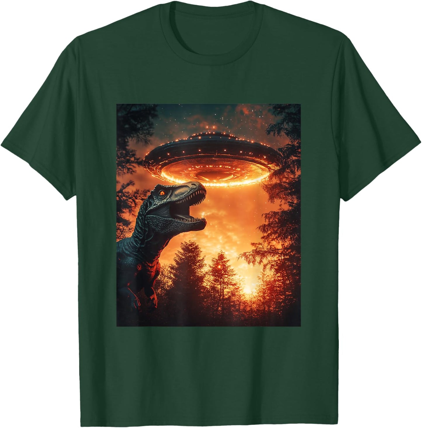Trex Dinosaur Dino Selfie with UFOs Aliens Funny Graphic T-Shirt - T-Shirt | Forest