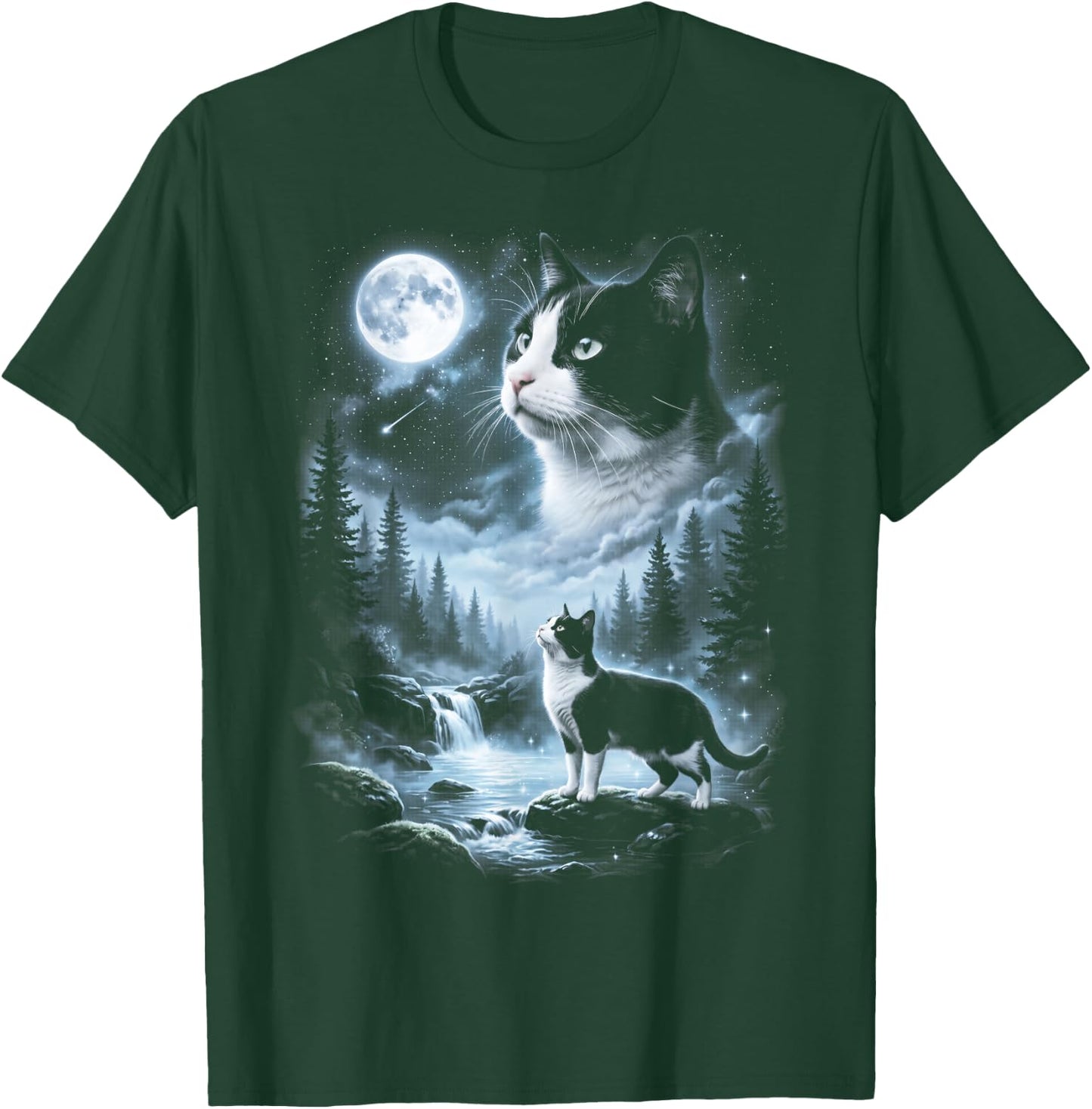 Tuxedo Cat Howling at Moon 90's Retro T-Shirt - T-Shirt | Forest