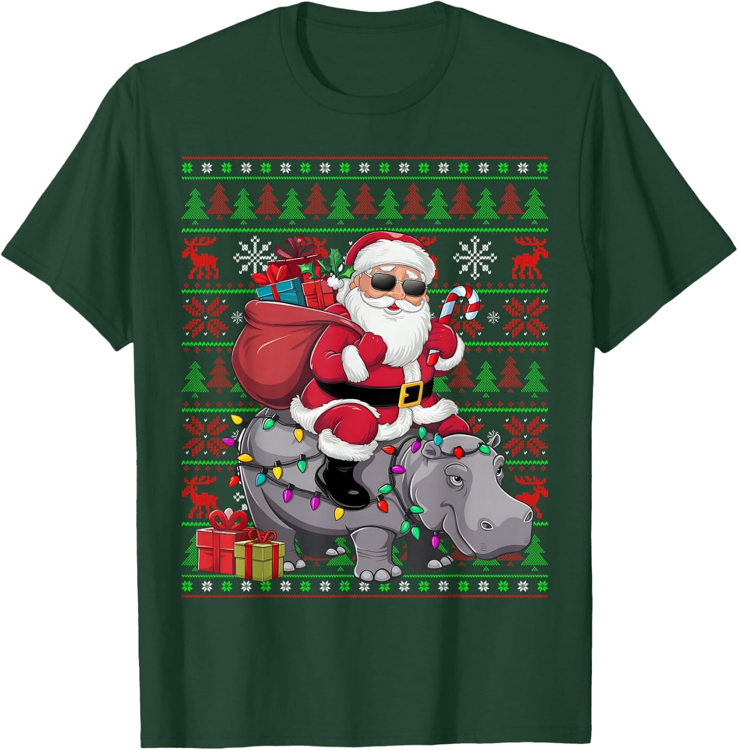 Ugly Xmas Lights Funny Santa Riding Hippo Christmas T-Shirt - T-Shirt | Forest