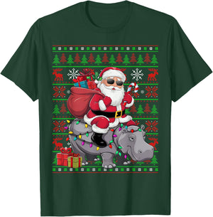 Ugly Xmas Lights Funny Santa Riding Hippo Christmas T-Shirt - T-Shirt | Forest