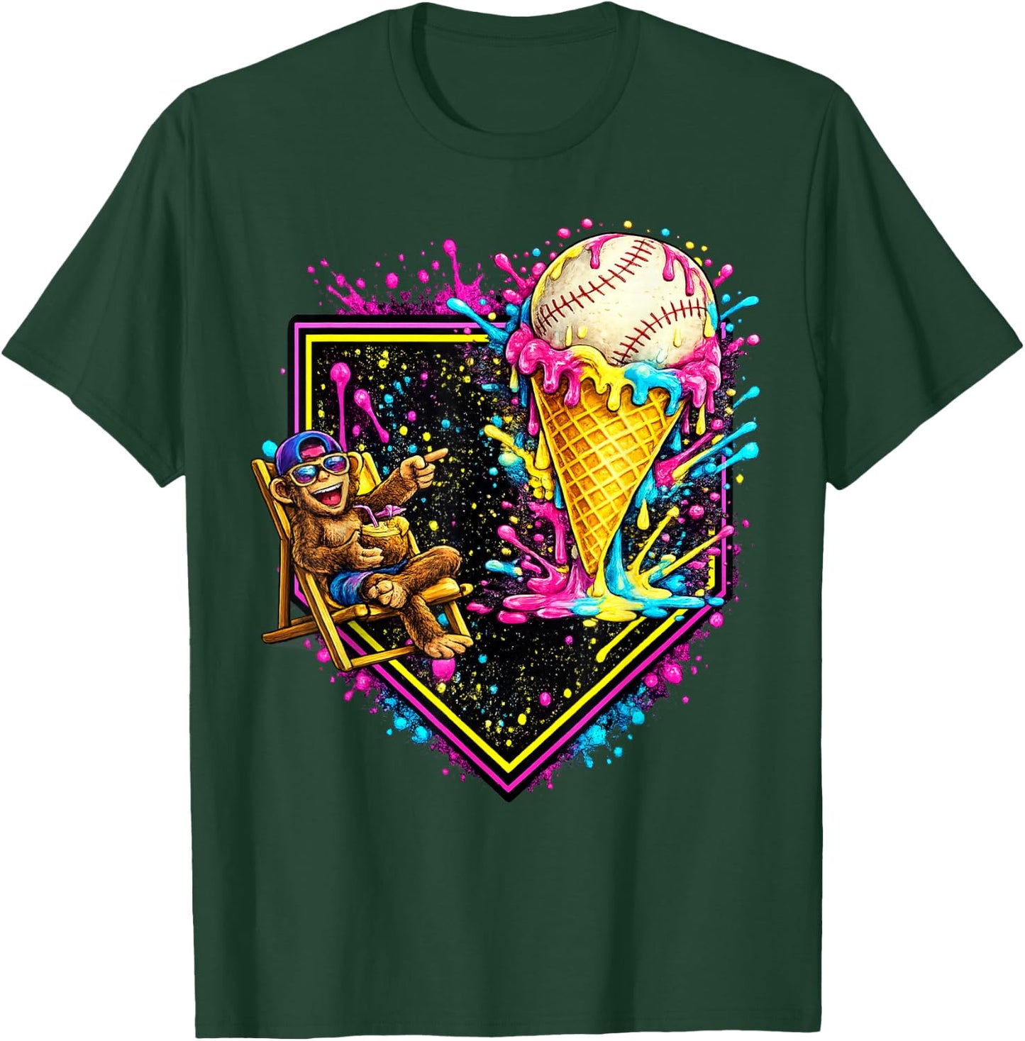 Monkey Funny Animals Baseball Ice Cream Drip Cool T-Shirt - T-Shirt | Forest