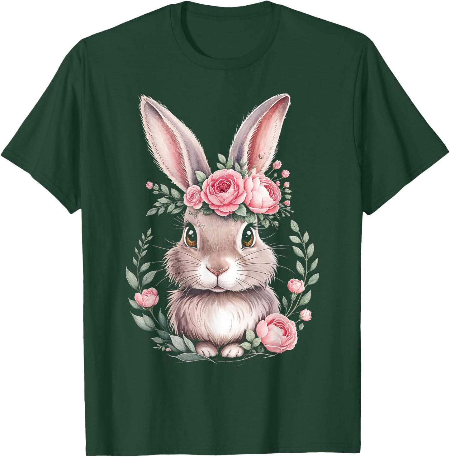 Bunny with Pink Rose Crown Watercolor Art T-Shirt - T-Shirt | Forest