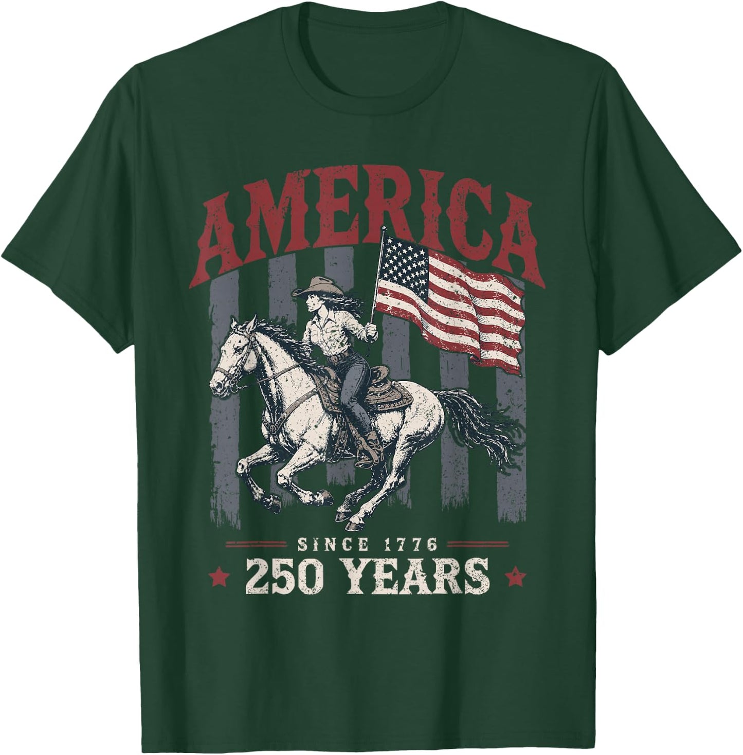 America 250 Years Cowgirl Riding Horse US Flag 1776 T-Shirt - T-Shirt | Forest