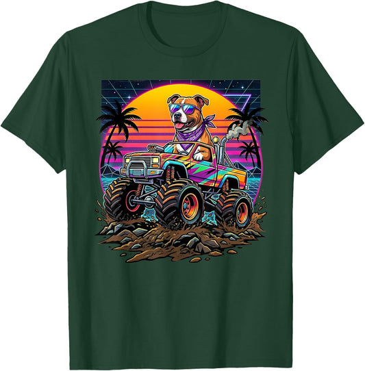 Cool Retro Monster Truck Birthday Dog Kids T-Shirt - T-Shirt | Forest