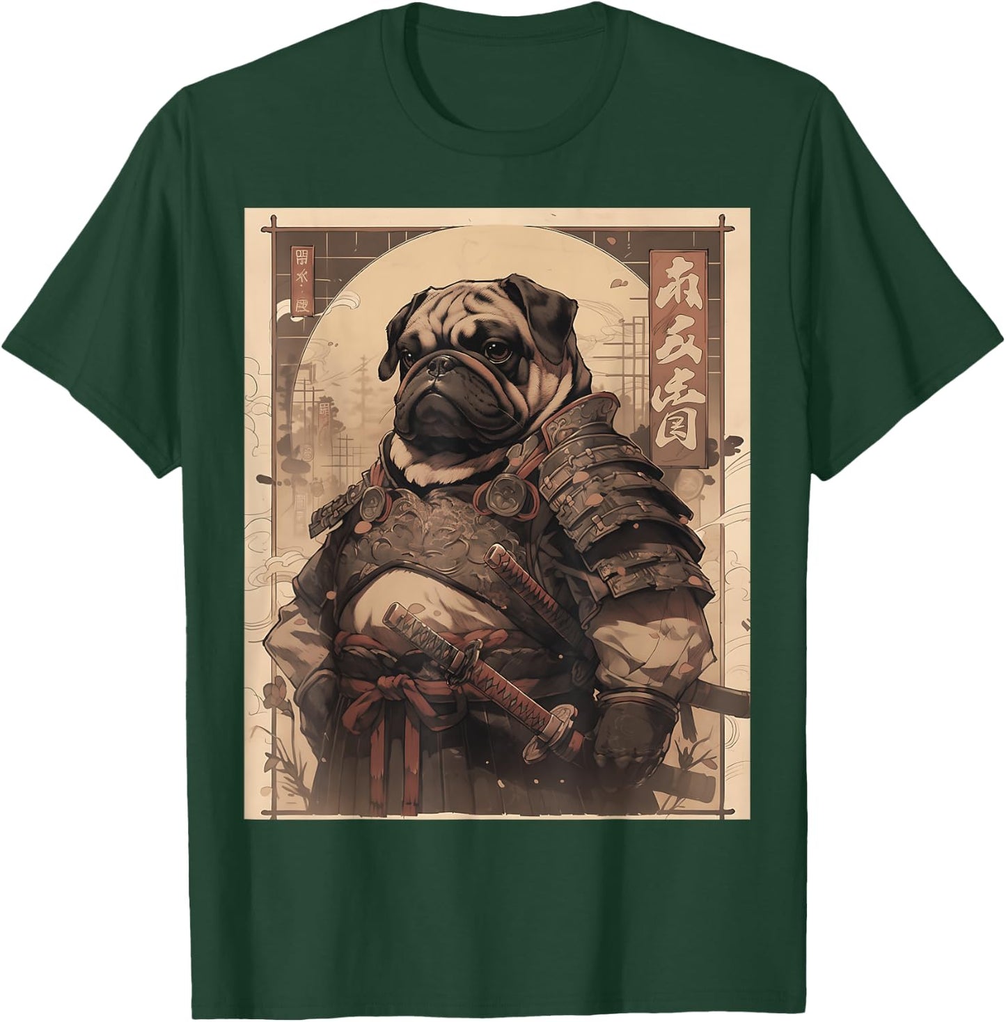 Pug Dog Samurai Full Gear Warriors Japanese Gothic Style T-Shirt - T-Shirt | Forest