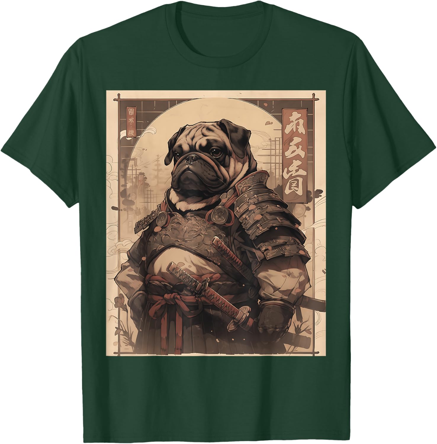 Pug Dog Samurai Full Gear Warriors Japanese Gothic Style T-Shirt - T-Shirt | Forest