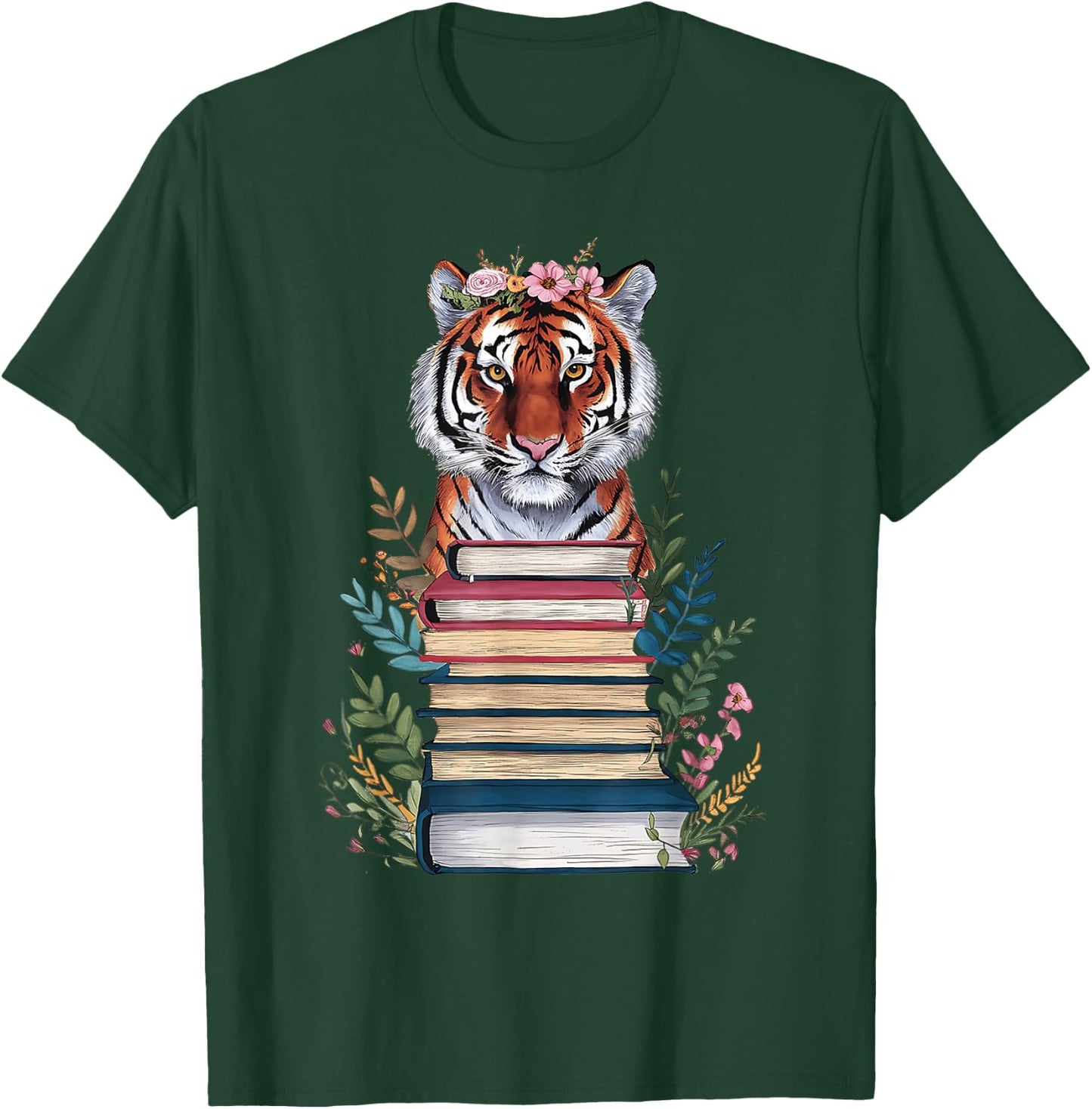 Cute Tiger With Book Floral Bookworm Librarian Book Lover T-Shirt - T-Shirt | Forest