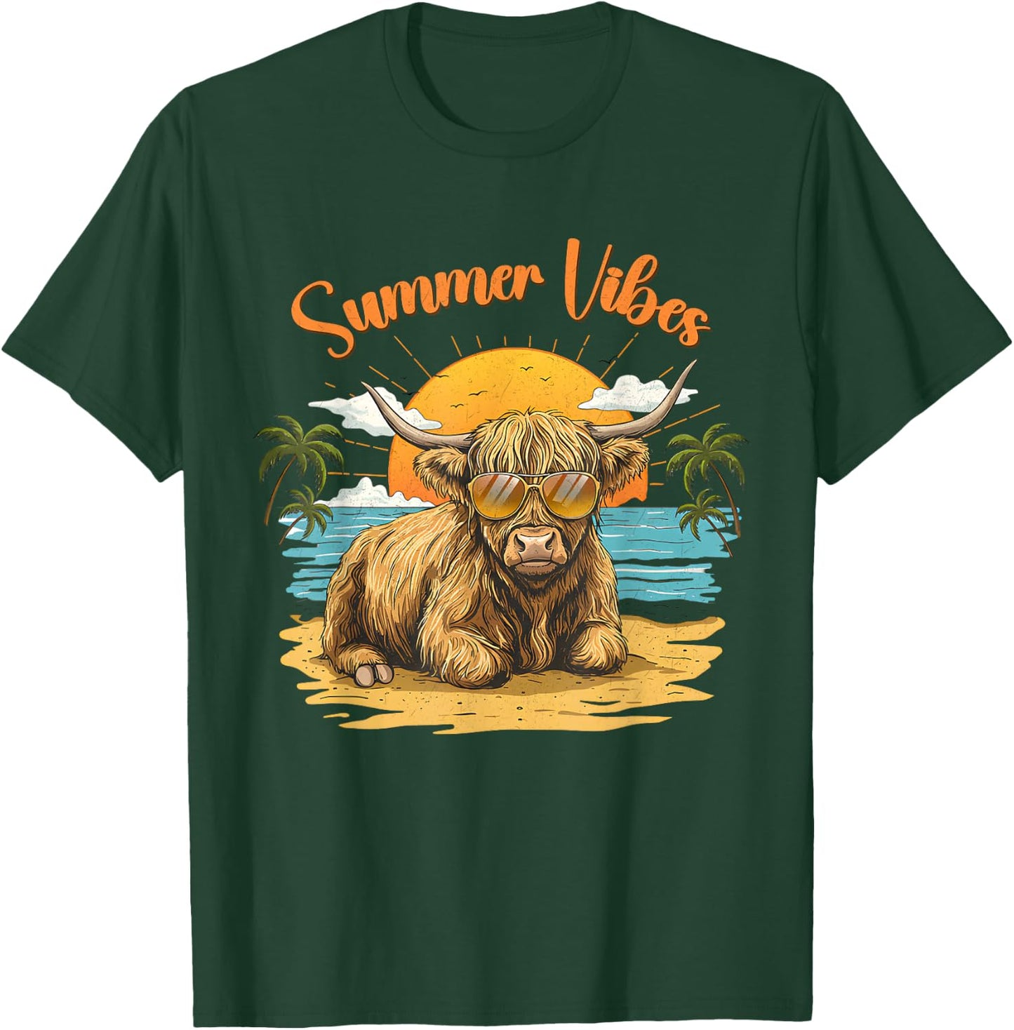 Funny Highland Cow Summer Vibes Beach Sunglasses T-Shirt - T-Shirt | Forest